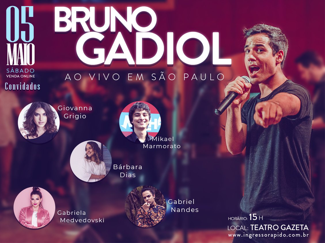 Show de Bruno Gadiol e convidados acontece hoje em São Paulo.